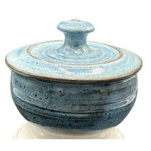 Studio Artist Blue Ceramic Lidded Storage Jar With Speckled Glaze Finish 4"H